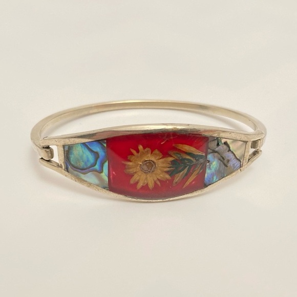 alpaca Jewelry - VINTAGE dried flower alpaca silver abalone hinge cuff bracelet, made in Mexico